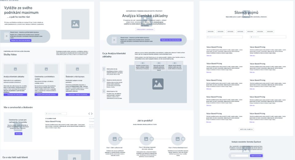 Several wireframes with copy for the various pages/templates for Valoa.cz website. Showcasing my UX and copywriting parts of the website creation process.